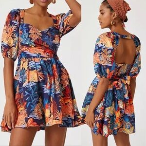 Anthropologie In The Tropics Tiger Print Sweetheart Puff Sleeve Mini Dress